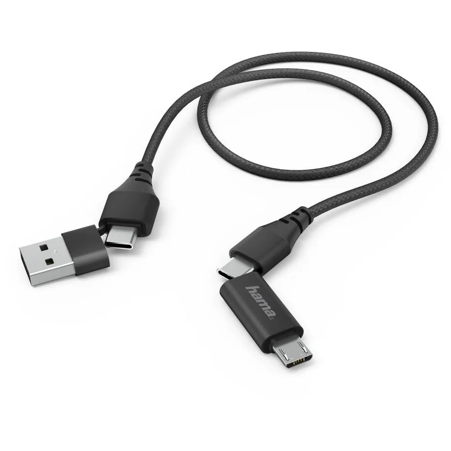 Hama LAAD/SYNCHROKABEL 4 IN 1 MET USB TYPE-C/MICRO USB/USB-A 1.5M Zwart