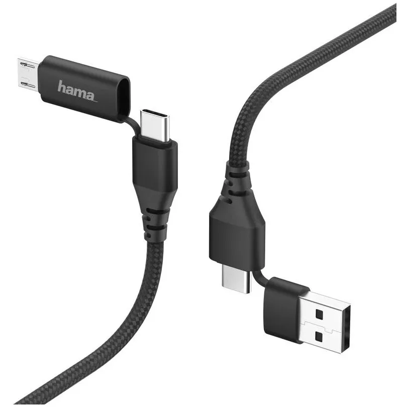 Hama LAAD/SYNCHROKABEL 4 IN 1 MET USB TYPE-C/MICRO USB/USB-A 1.5M Zwart