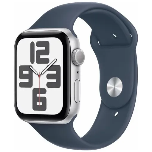 Apple Watch SE (2022) 44mm Zilver Aluminium Sportband S/M Stormblauw