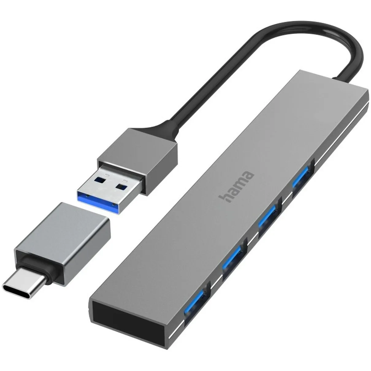 Hama USB Hub 4 Ports USB 3.2 Gen 1/ 5 Gbit/s  Ultra-Slim incl. USB-C Adapter Antraciet