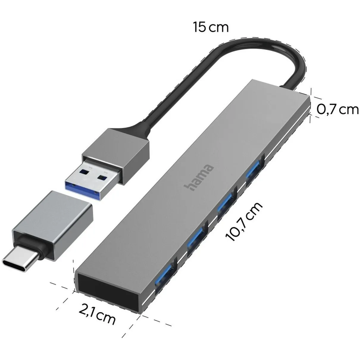 Hama USB Hub 4 Ports USB 3.2 Gen 1/ 5 Gbit/s  Ultra-Slim incl. USB-C Adapter Antraciet
