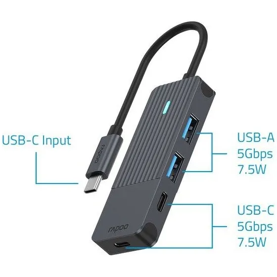Rapoo USB-C Hub, USB-C naar USB-A en USB-C, grijs