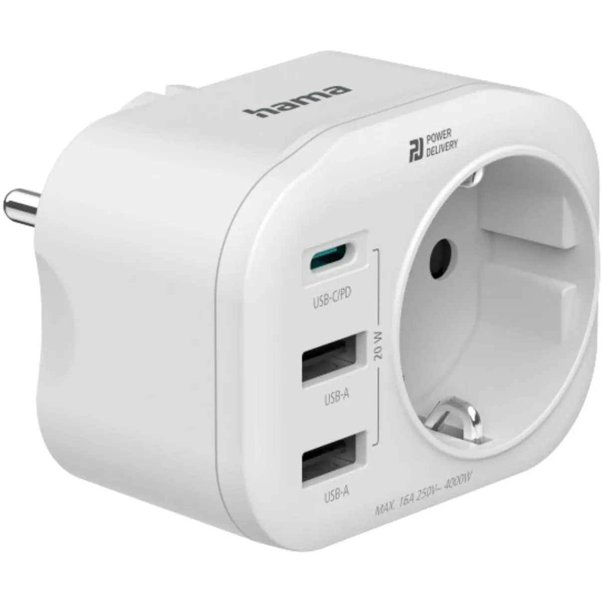Hama 4-Way Multi-Adapter for Socket  1 USB-C PD  2 USB-A  1 Earthed Contact  20W Wit