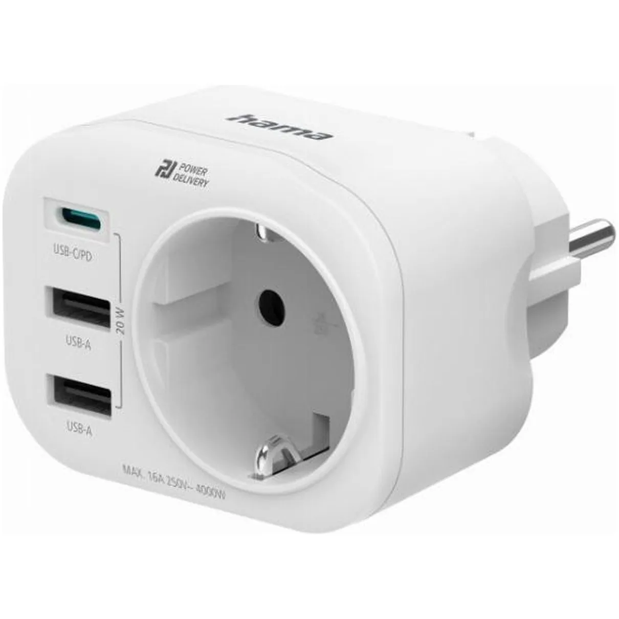 Hama 4-Way Multi-Adapter for Socket  1 USB-C PD  2 USB-A  1 Earthed Contact  20W Wit