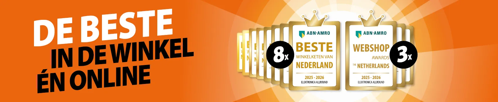 Banner met 8 keer de award voor beste winkelketen en 3 keer beste webshop in de categorie elektronica