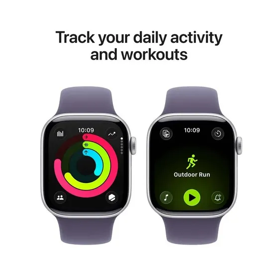 Apple Watch Series 11 GPS 42mm Silver Aluminium Case met Purple Fog Sport Band - S/M Zilver