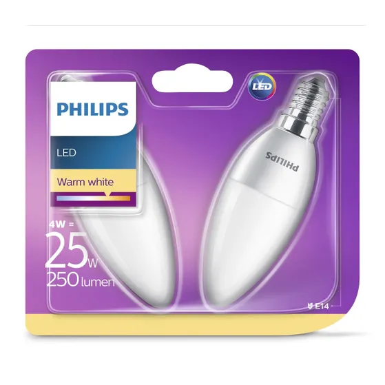 Philips LED lamp E4 4W 250Lm kaars mat 2 stuks