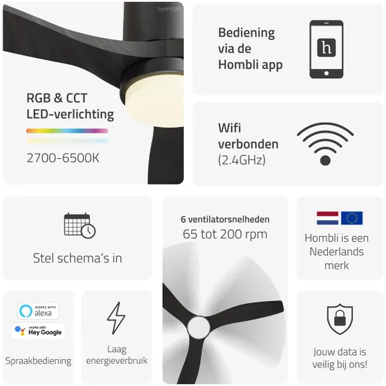 Hombli Smart Ceiling Fan & Light - Black & Black Wood