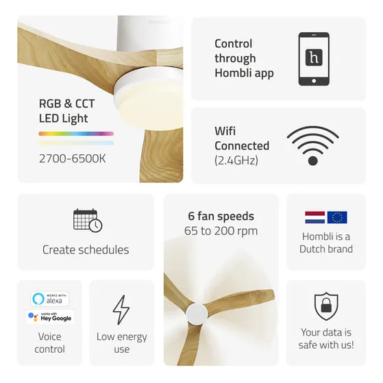 Hombli Smart Ceiling Fan & Light - White & Light Wood