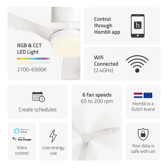 Hombli Smart Ceiling Fan & Light - White & White Wood