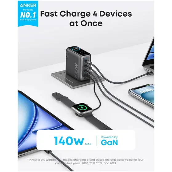Anker Zolo 140W Charger 4-Port PD 3.1 with smart display 3C1A 1xUSB-C cable