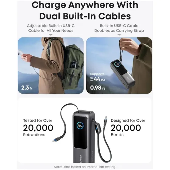 Anker Power Bank (25K 165W Built-In USB-C and Retractable Cable)