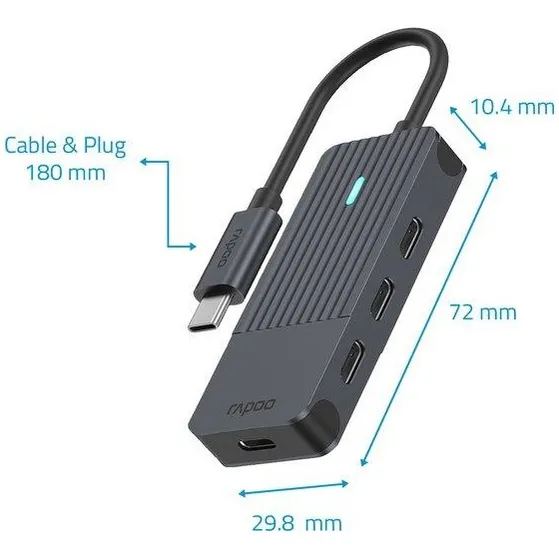 Rapoo USB-C Hub, USB-C naar USB-C, grijs