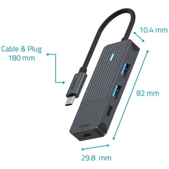 Rapoo USB-C Hub, USB-C naar USB-A en USB-C, grijs