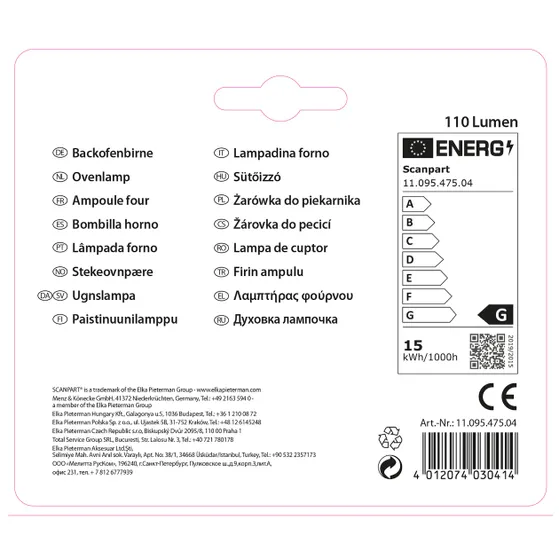 Scanpart ovenlamp E14 15W 300 graden buis 110Lm 2-pack