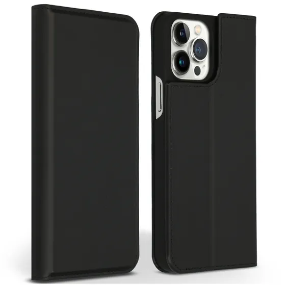 Accezz Premium Leather Slim Book Case voor Apple iPhone 13 Pro Max Zwart