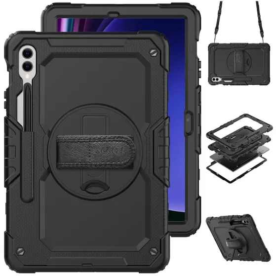 Accezz Rugged Backcover Shoulder Strap voor de Samsung Galaxy Tab S9 FE Plus / Tab S9 Plus Zwart