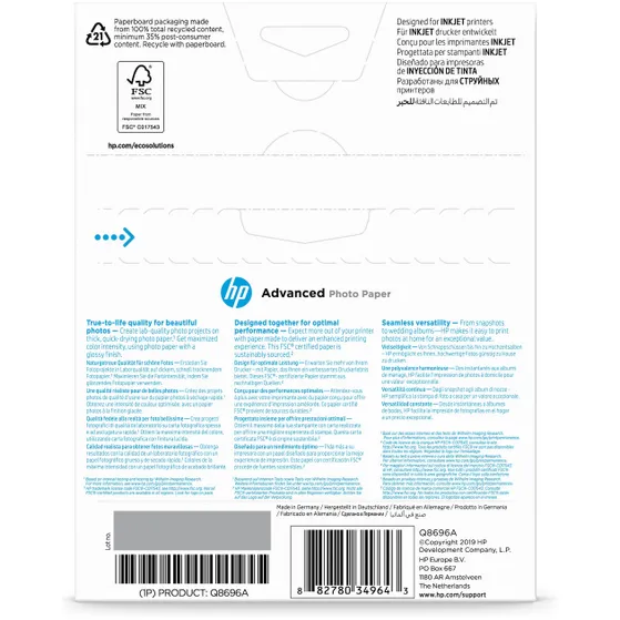 HP Advanced fotopapier, glanzend, 250 g/m2, 13 x 18 cm (127 x 178 mm), 25 vellen