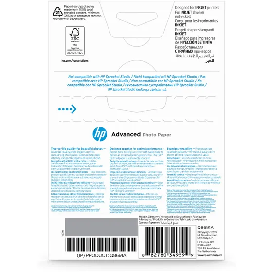 HP Advanced Photo-papier, glanzend, 250 g/m2, 10 x 15 cm (101 x 152 mm), 25 vellen