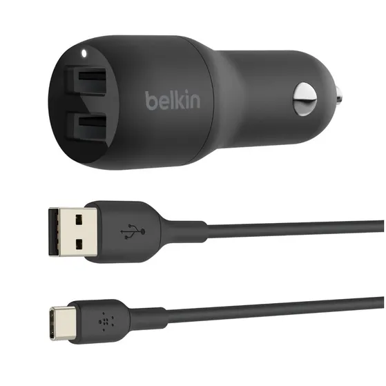 Belkin Dual USB-A Car Charger + USB-A naar USB-C kabel - 24W Zwart
