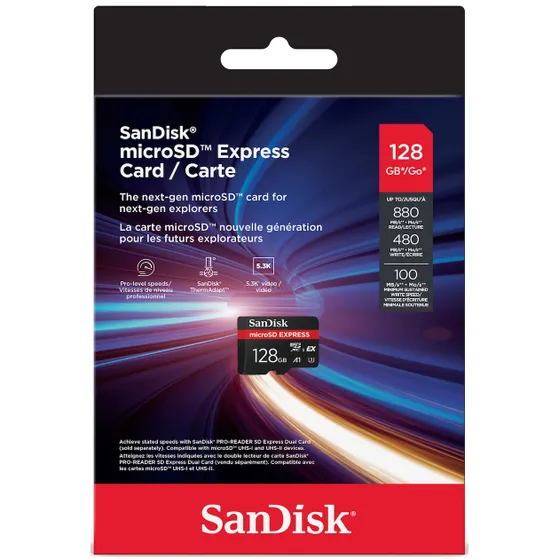 SanDisk MicroSDXC Express 128GB 880mb/s r - 480mb/s w - 100mb/s sustained write - U