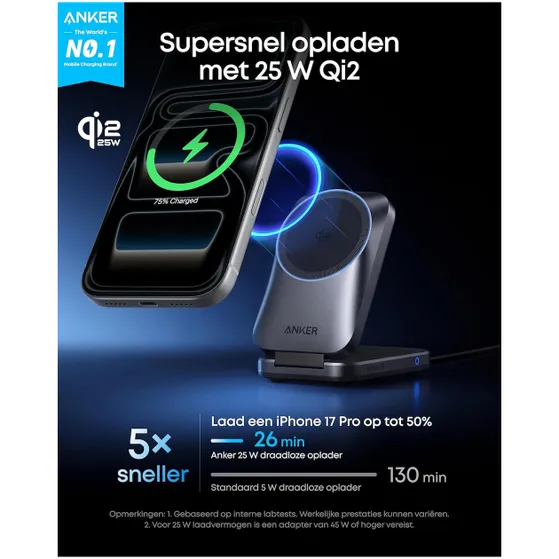 Anker MagGo Wireless Charger Cooling (25W Foldable 3-in-1) Zwart