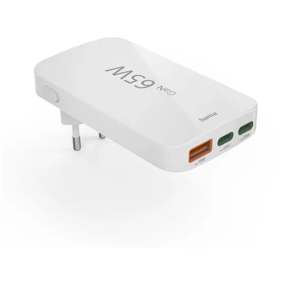 Hama Snellader 2x USB-C 1x USB-A  platte mini-oplader PD 65 W Wit