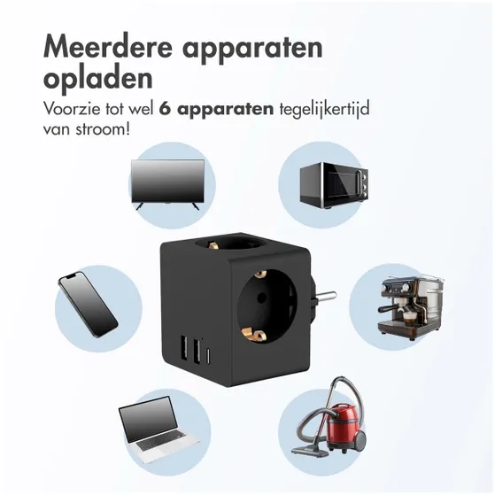 Accezz PowerCube 6-in-1 1x USB-C+2x USB-A+3x stopcontact 4000W Zwart