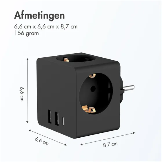 Accezz PowerCube 6-in-1 1x USB-C+2x USB-A+3x stopcontact 4000W Zwart