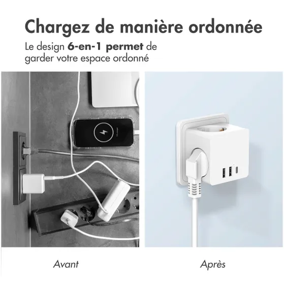 Accezz PowerCube 6-in-1 1x USB-C+2x USB-A+3x stopcontact 4000W Wit