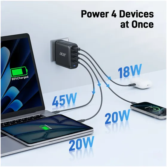 Acer 100W PD Charger, USB Port: 3C+1A, EU Plug, 100W USB-C Cable