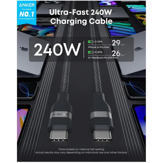 Anker USB-C to USB-C Cable (1.8m Upcycled-Braided) Zwart