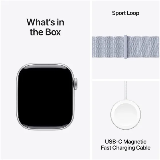 Apple Watch Series 10 GPS + Cellular 42mm Aluminium Case met Blue Cloud Sport Loop Zilver