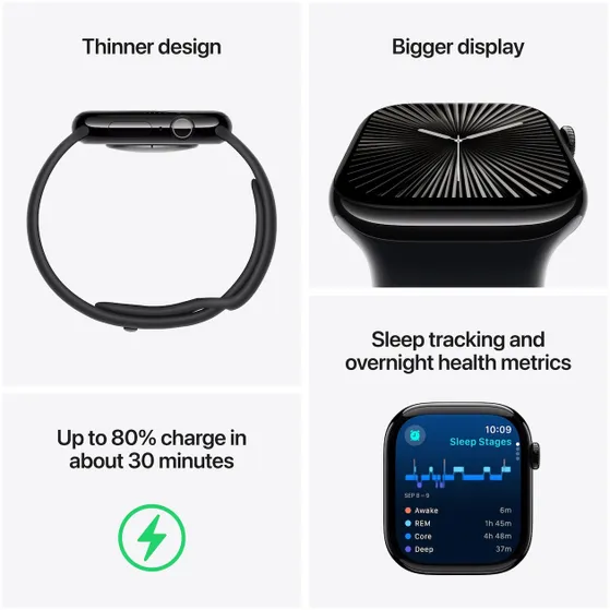 Apple Watch Series 10 GPS + Cellular 42mm Aluminium Case met Blue Cloud Sport Loop Zilver
