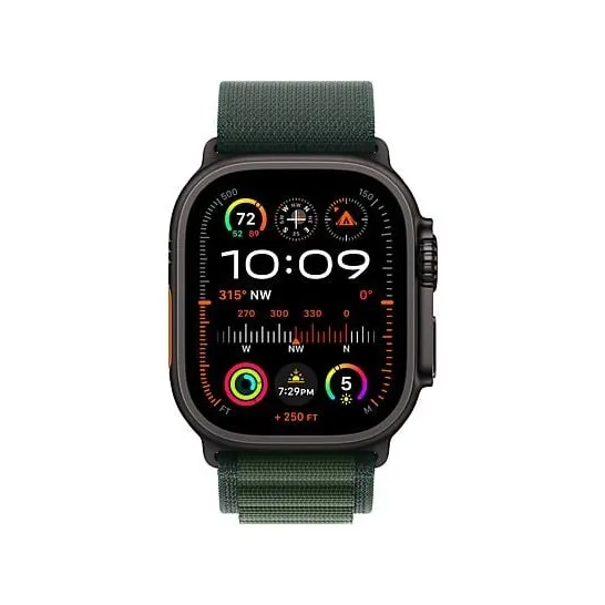 Apple Watch Ultra 2 GPS + Cellular 49mm Titanium Case met Dark Green Alpine Loop - Large Zwart