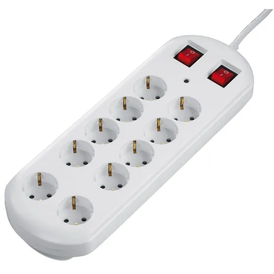 Hama Stekkerdoos, 10-voudig, overspanningsbev., twee schakelaars, 2 m Wit