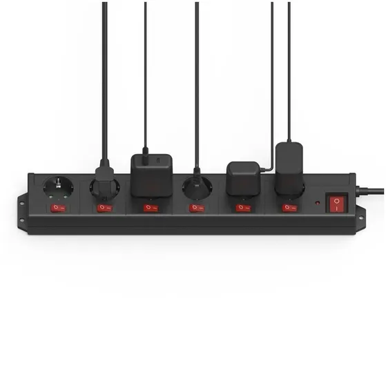 Hama Stekkerdoos, 6-voudig, overspanningsbev., 90 , ind. schakelbaar,1,4m Zwart