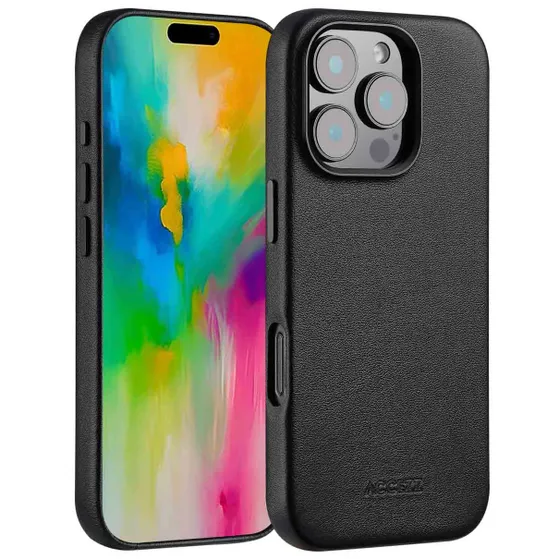 Accezz MagSafe Leather Backcover voor iPhone 16 Pro Zwart