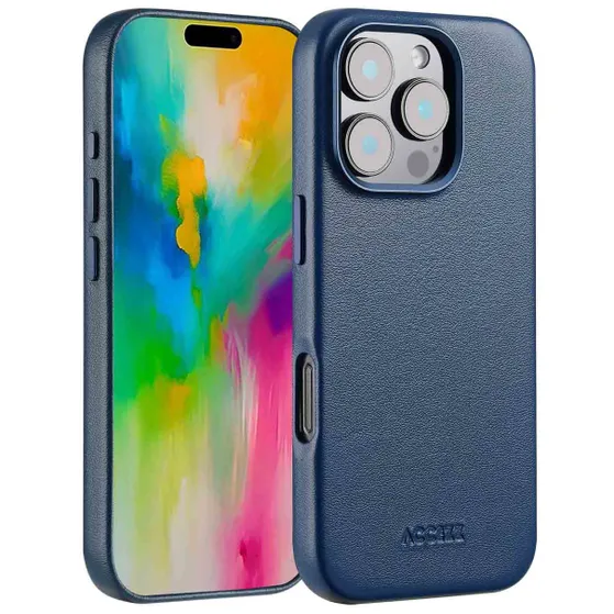 Accezz MagSafe Leather Backcover voor iPhone 16 Pro Donkerblauw