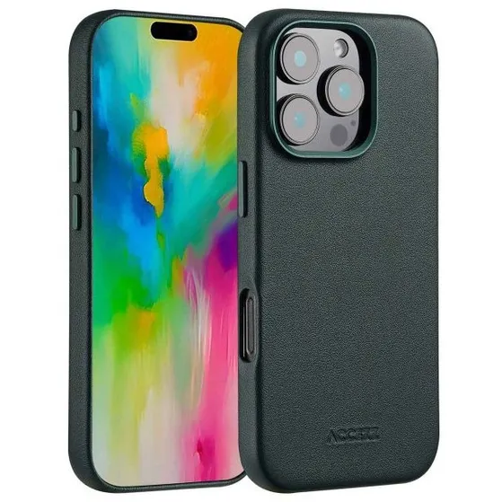 Accezz MagSafe Leather Backcover voor iPhone 16 Pro Donkergroen