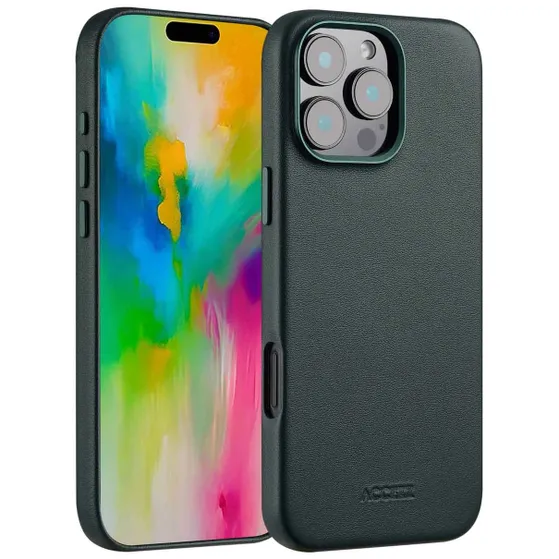 Accezz MagSafe Leather Backcover voor iPhone 16 Pro Max Donkergroen