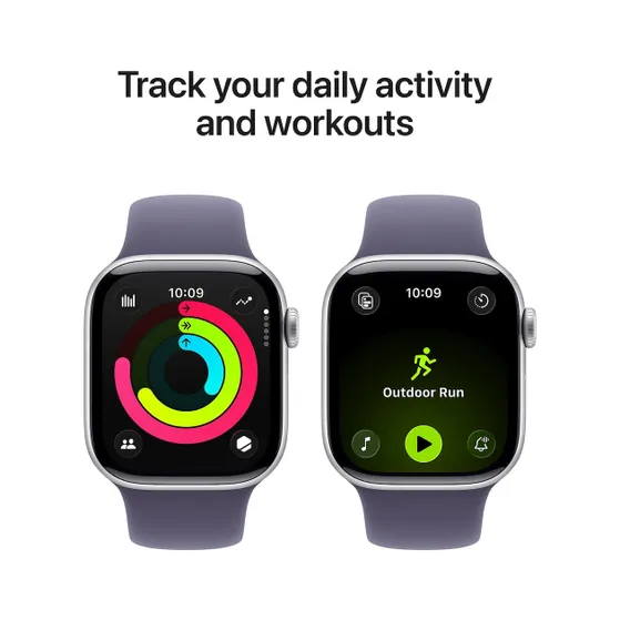 Apple Watch Series 11 GPS + Cellular 42mm Silver Aluminium Case met Purple Fog Sport Band - M/L Zilver