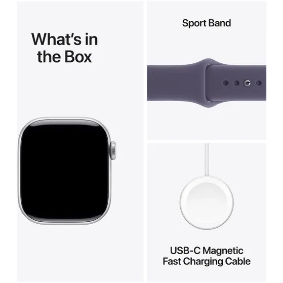 Apple Watch Series 11 GPS + Cellular 42mm Silver Aluminium Case met Purple Fog Sport Band - S/M Zilver