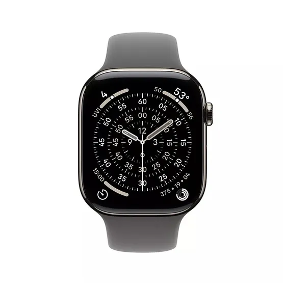 Apple Watch Series 11 GPS + Cellular 42mm Natural Titanium Case met Stone Grey Sport Band - S/M Titanium