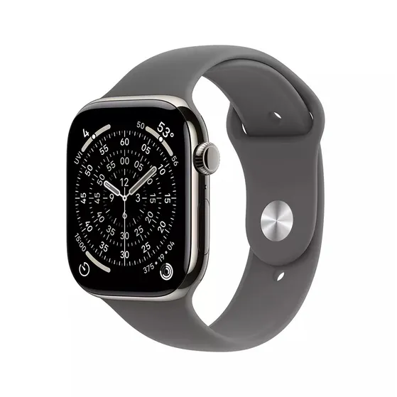 Apple Watch Series 11 GPS + Cellular 42mm Natural Titanium Case met Stone Grey Sport Band - S/M Titanium