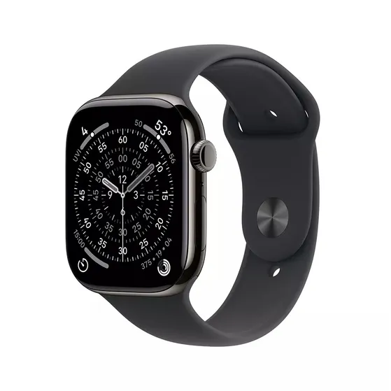 Apple Watch Series 11 GPS + Cellular 42mm Slate Titanium Case met Black Sport Band - S/M Titanium