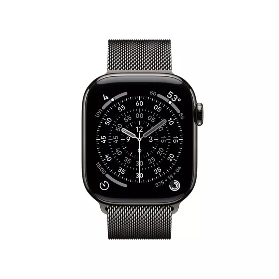 Apple Watch Series 11 GPS + Cellular 42mm Slate Titanium Case met Slate Milanese Loop Titanium