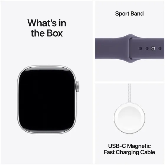 Apple Watch Series 11 GPS + Cellular 46mm Silver Aluminium Case met Purple Fog Sport Band - M/L Zilver