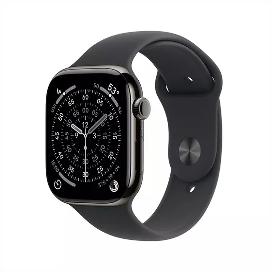 Apple Watch Series 11 GPS + Cellular 46mm Slate Titanium Case met Black Sport Band - M/L Titanium