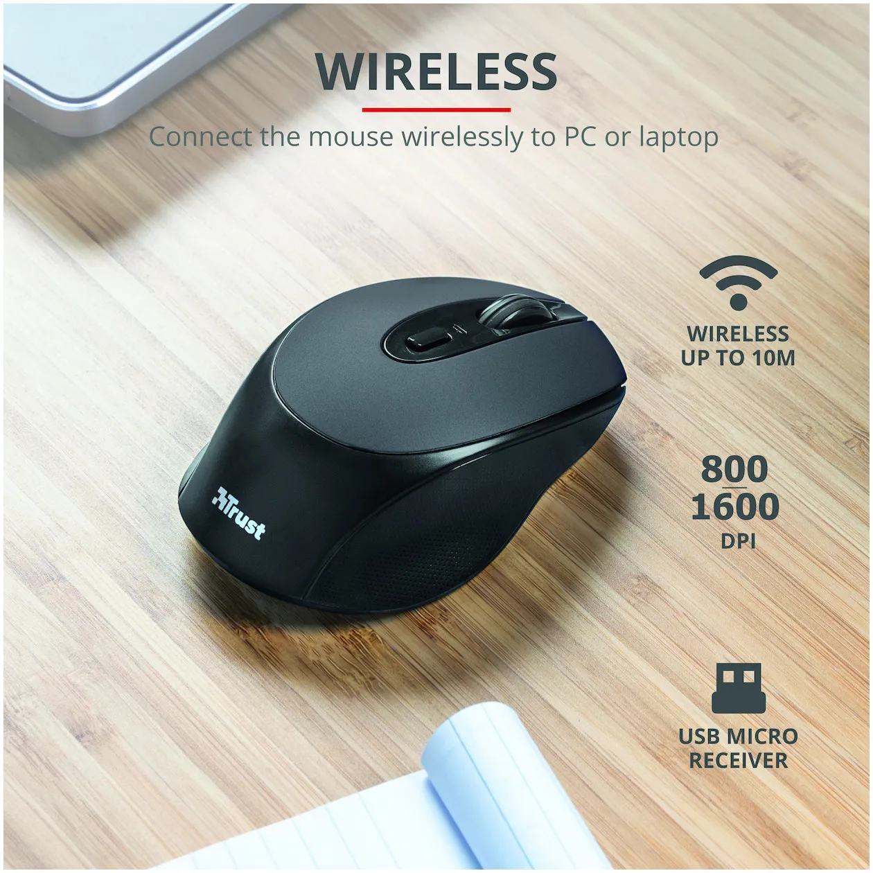 Trust Zaya Oplaadbare Draadloze Muis, Wireless Mouse (met USB-micro- ontvanger die in de muis kan worden opgeborgen, 4 knoppen, USB-C-poort om de accu op te laden) Zwart